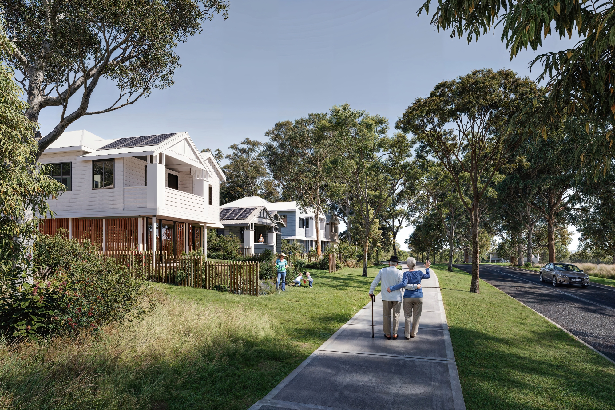 Artist's impression of a mix of elevated and on-ground relocated homes, facing a leafy street with people walking along the sidewalk.