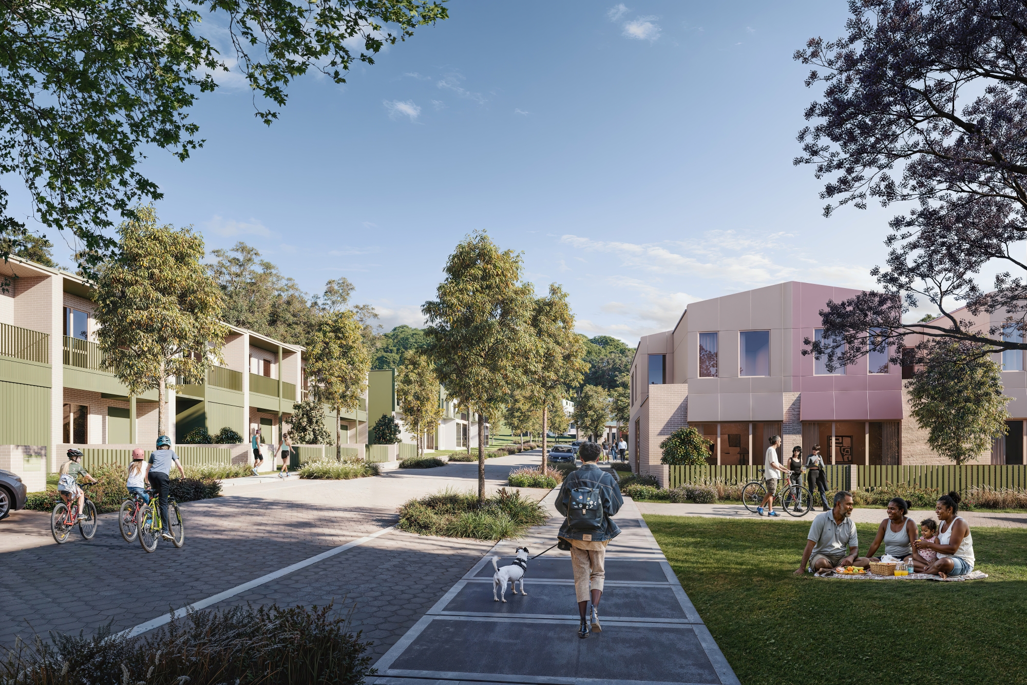Artist's impression of terrace houses and leafy streets with people walking and cycling.