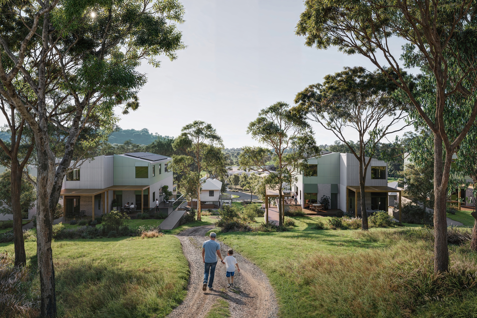 Artist's impression of low-rise apartment buildings viewed from retained vegetation.